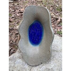 Signed handmade ceramic dish with‎ a blue, recycled glass center Trinket Dish